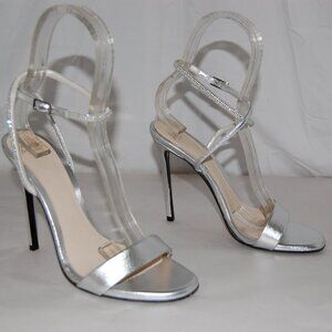 $695❤️37/7 ITALY ALEVI MILANO Silver Metallic Leather Crystal High Heels Sandals